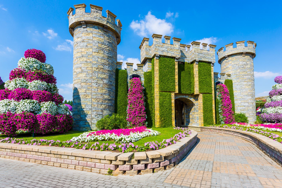 Castle-shaped flower sculpture at Dubai Miracle Garden